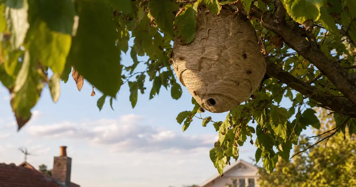 Nid de frelon asiatique suspendu haut dans un arbre de jardin en périphérie urbaine, lumière d'après-midi