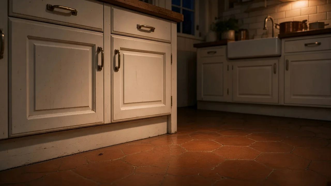 Cuisine d'appartement avec cafard près d'une plinthe — situation typique en location