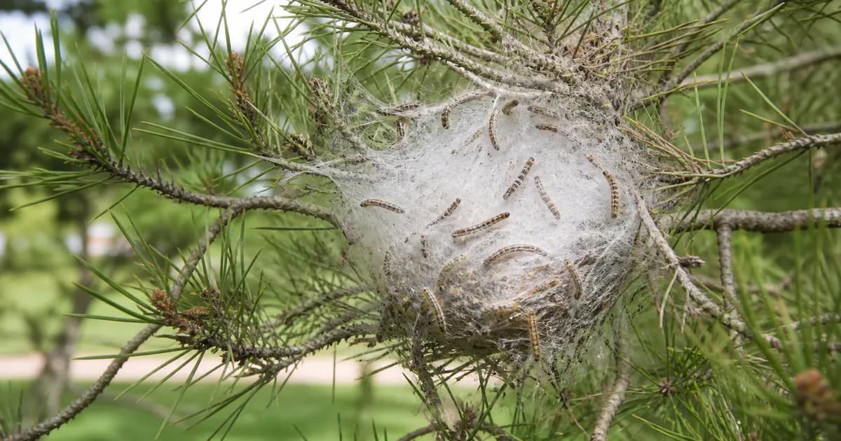 Nid de soie blanche de chenilles processionnaires du pin dans les branches d'un pin