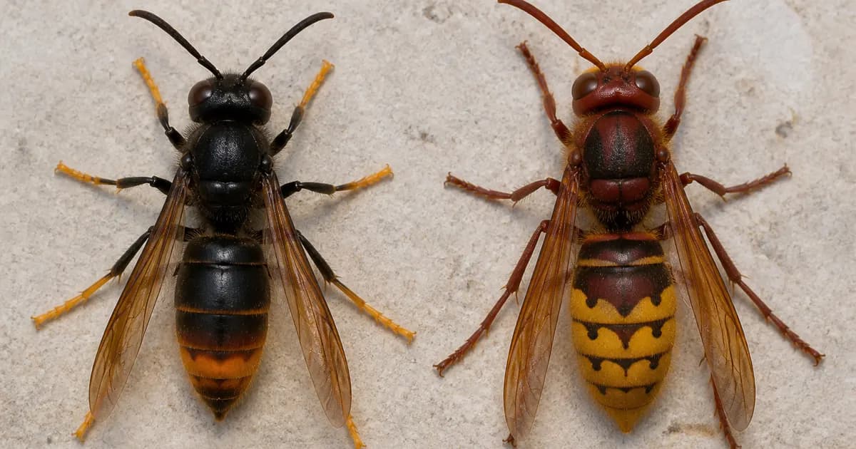 Comparaison visuelle frelon asiatique à thorax noir et frelon européen brun-roux et jaune