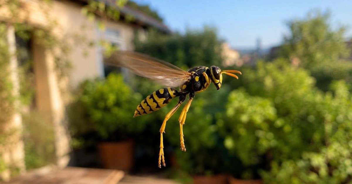 Guêpe poliste Polistes dominula en vol, pattes longues pendantes sous le corps, sur fond de jardin