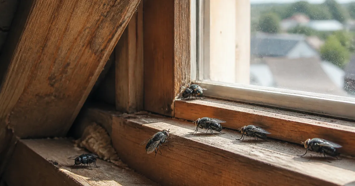 Grosses mouches noires de grenier regroupées près d’une fenêtre de comble ensoleillée dans une maison