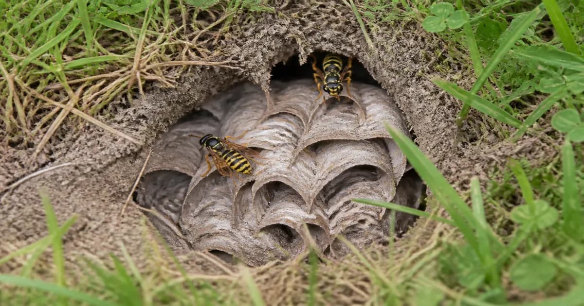 Nid de guêpes en papier mâché partiellement visible dans un trou de pelouse, quelques guêpes jaunes et noires à l’entrée