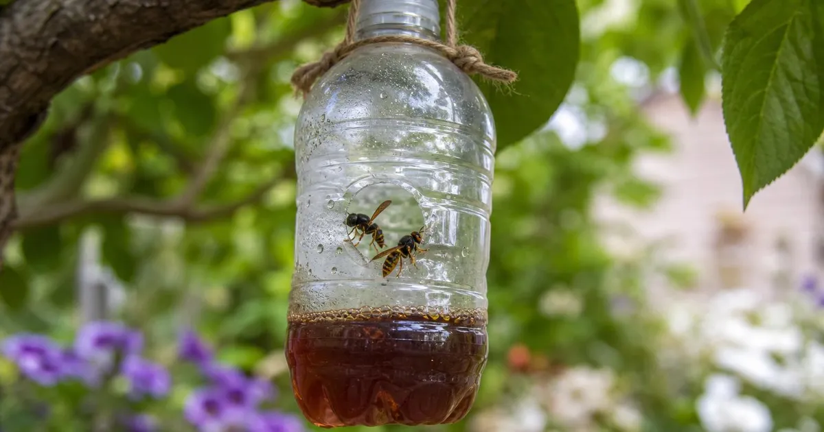 Piège artisanal à frelon asiatique en bouteille suspendu à une branche, frelons capturés dans l'appât ambré