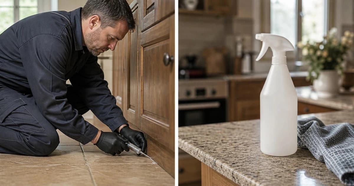 Comparatif traitement anti-nuisibles : technicien appliquant un gel professionnel en cuisine face à un spray du commerce sur le plan de travail