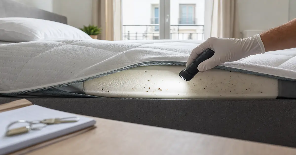 Chambre d'appartement en location avec matelas inspecté et clés sur la table de nuit — qui paie le traitement punaises de lit