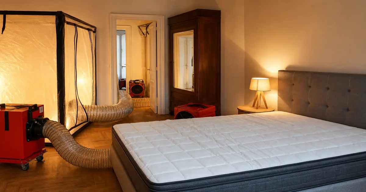 Équipement professionnel de traitement thermique contre les punaises de lit installé dans une chambre avec gaines et générateurs de chaleur