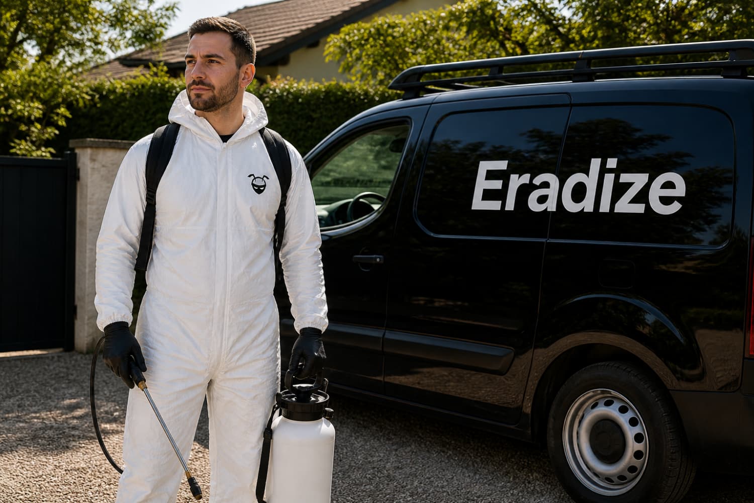 Technicien Eradize en combinaison de protection avec pulvérisateur devant le van d'intervention à Lyon