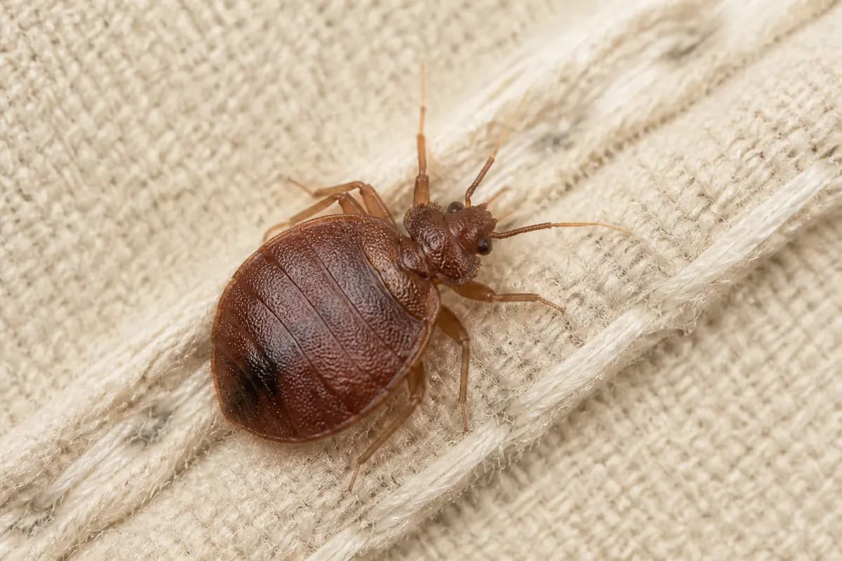 Gros plan d’une punaise de lit adulte sur un tissu clair, corps brun-rouge ovale et aplati