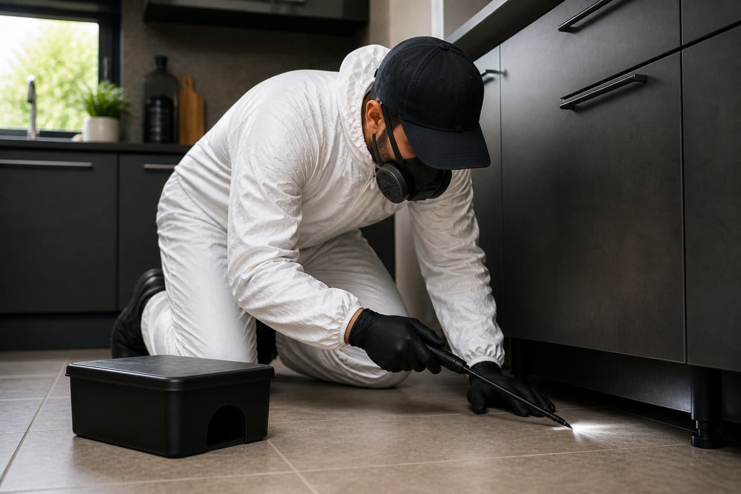 Technicien Eradize en combinaison appliquant un traitement cafards sous les meubles de cuisine à Lyon