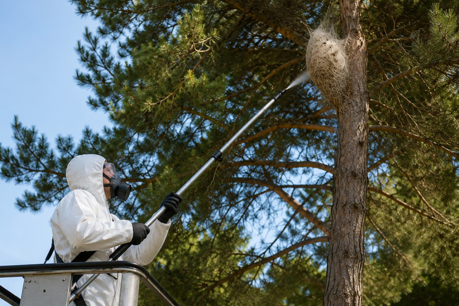 Technicien Eradize en combinaison de protection traitant un nid de chenilles processionnaires dans un pin à Lyon
