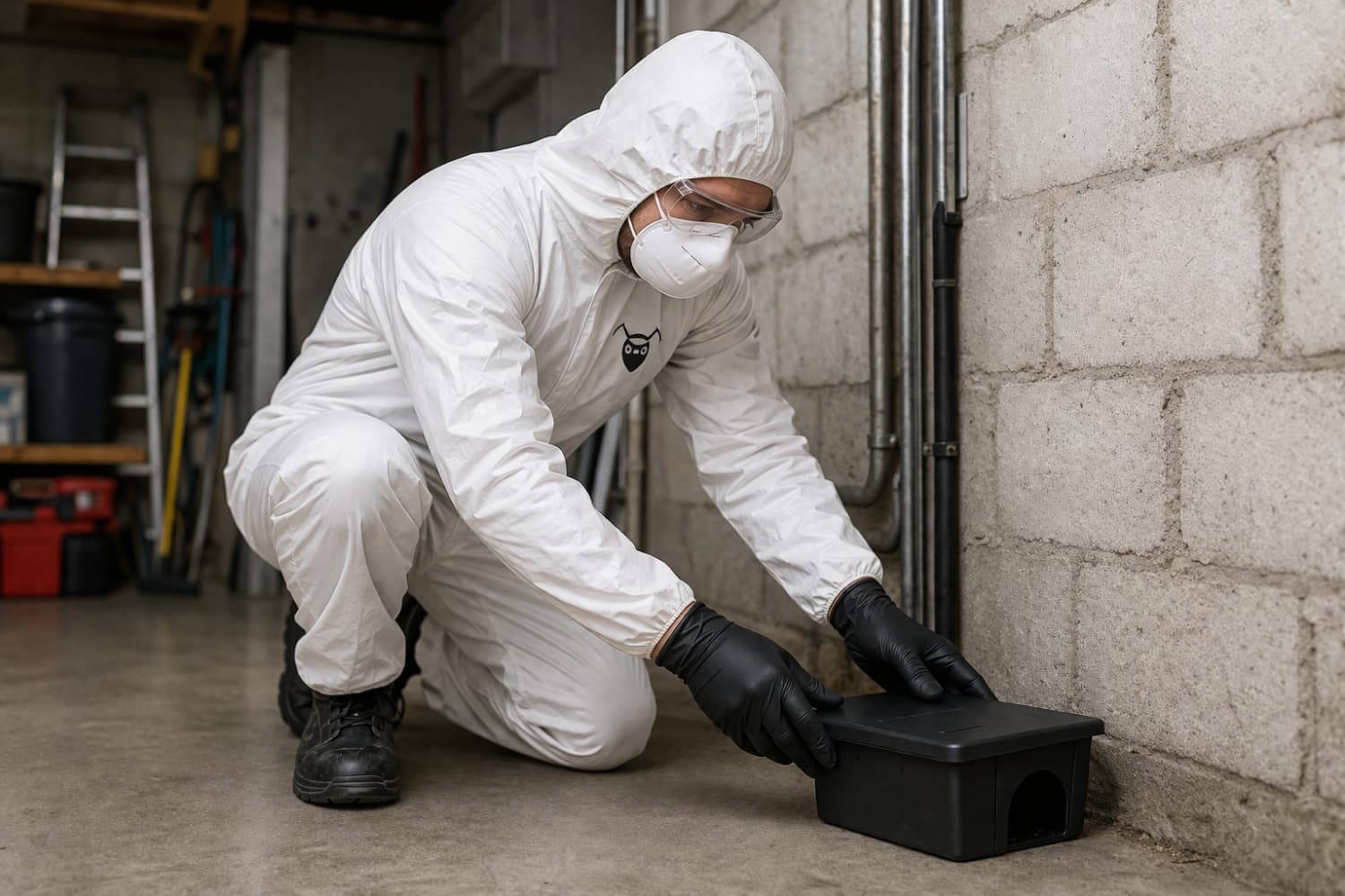 Technicien Eradize posant un dispositif de dératisation dans un sous-sol à Lyon