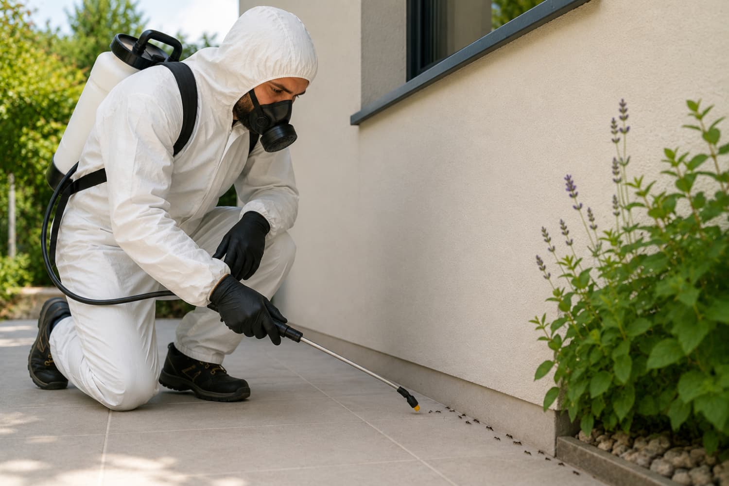 Technicien Eradize appliquant un gel insecticide anti-fourmis dans une cuisine à Lyon