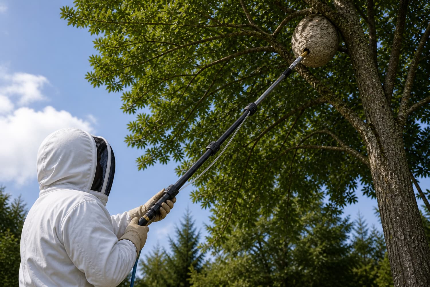 Technicien Eradize en combinaison de protection détruisant un nid de guêpes dans un arbre à Lyon