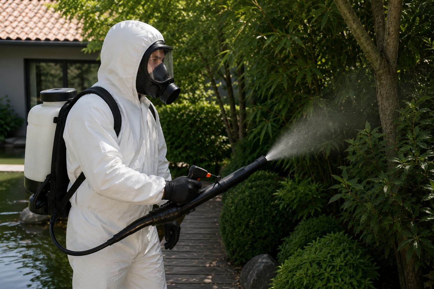 Technicien Eradize réalisant un traitement démoustication dans un jardin à Lyon