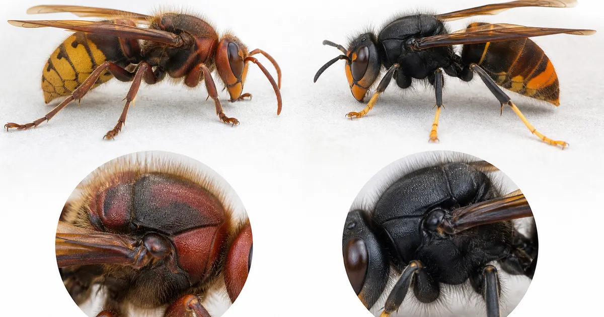 Détails d’identification : thorax noir et pattes jaunes du frelon asiatique face au thorax brun-roux du frelon européen