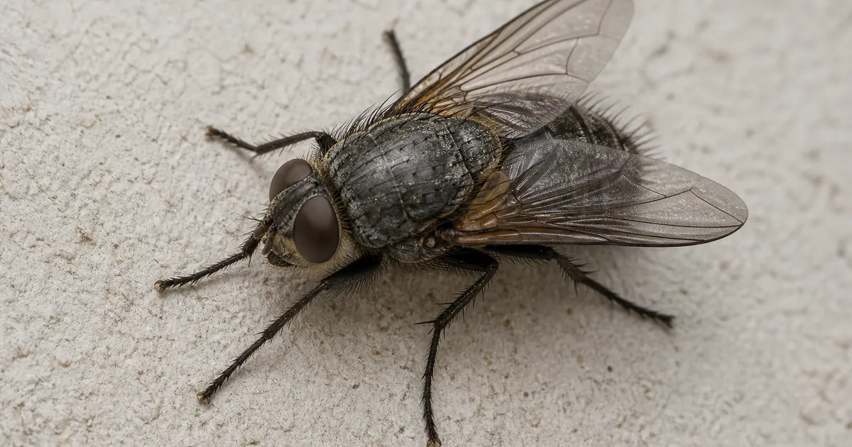 Gros plan d’une mouche de grenier Pollenia rudis sur un mur clair, corps gris-noir et ailes légèrement croisées