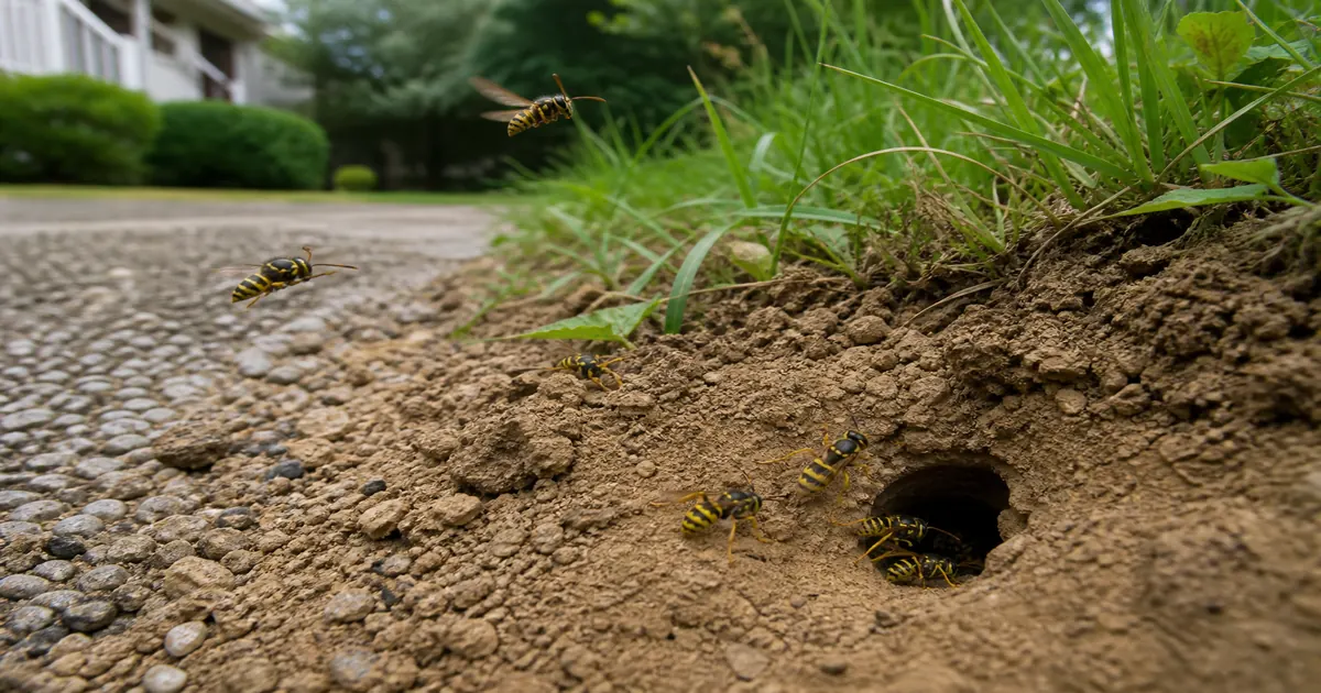 Guêpes jaunes et noires sortant d’une entrée de nid souterrain au bord d’une pelouse de jardin