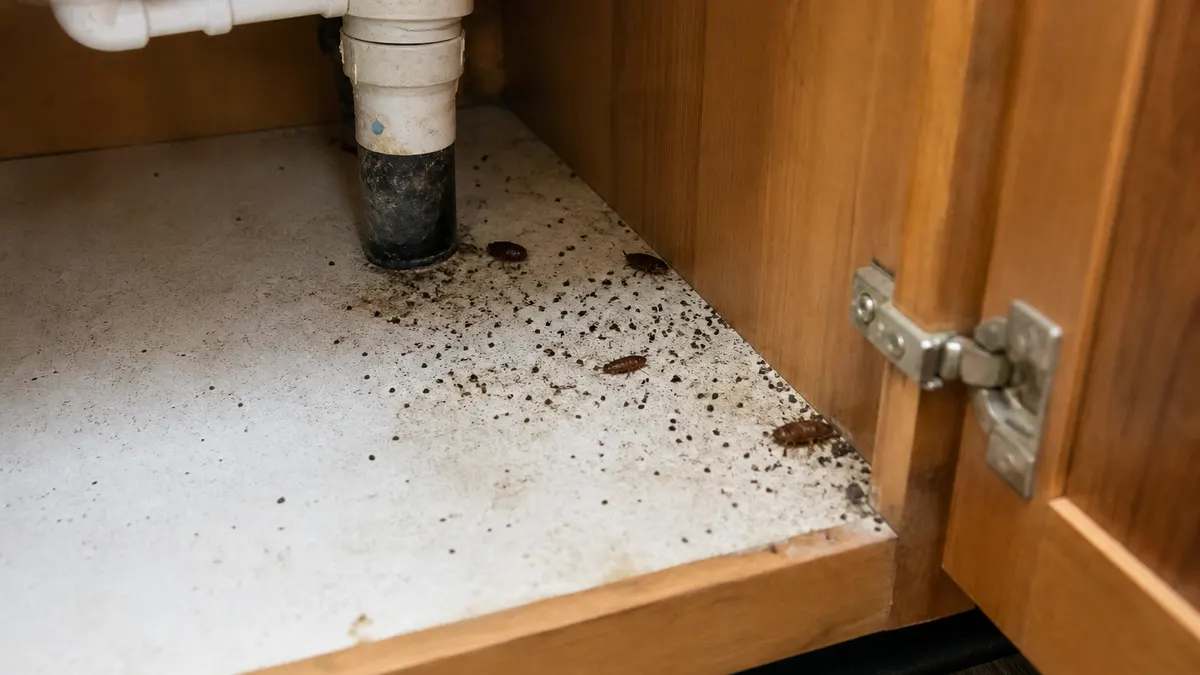 Traces et excréments de cafards près d'un placard de cuisine — activité possible toute l'année