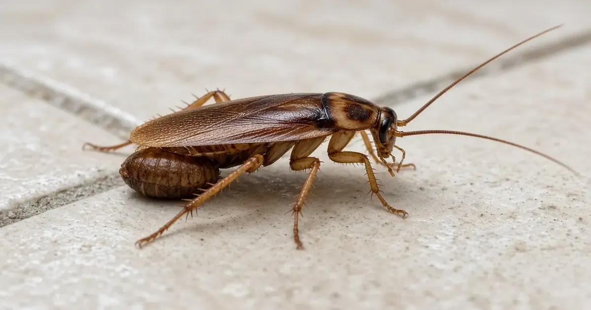 Femelle de blatte transportant une oothèque brune striée à l'extrémité de l'abdomen, sur un carrelage de cuisine