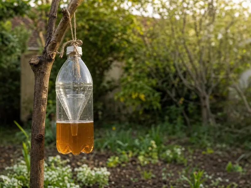 Piège artisanal à frelon asiatique en bouteille à entonnoir, suspendu avec appât ambré au printemps dans un jardin