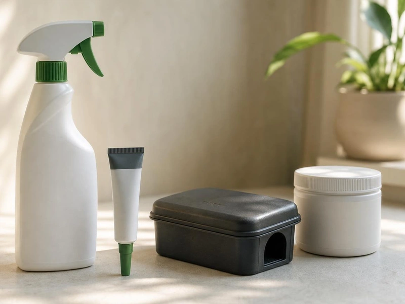 Spray, gel, station à raticides et pot de poudre : produits anti-nuisibles du commerce sur un plan de travail