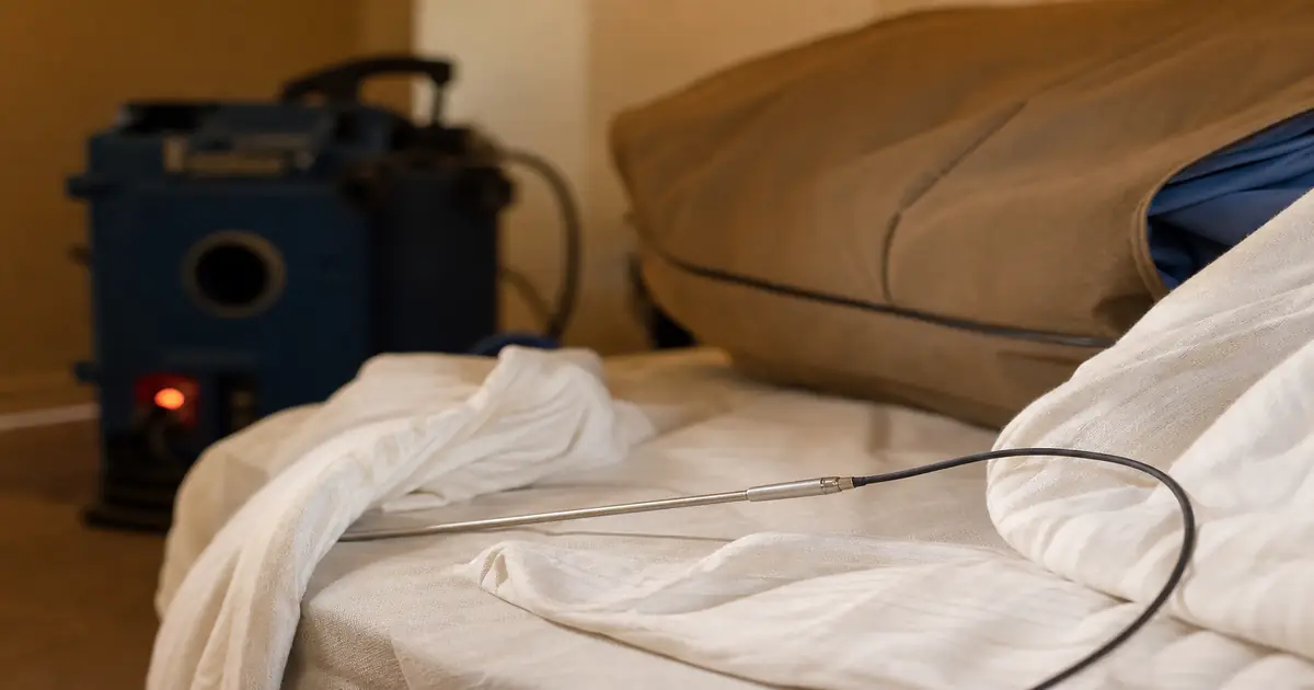 Sonde de température placée dans la literie pendant un traitement thermique professionnel contre les punaises de lit