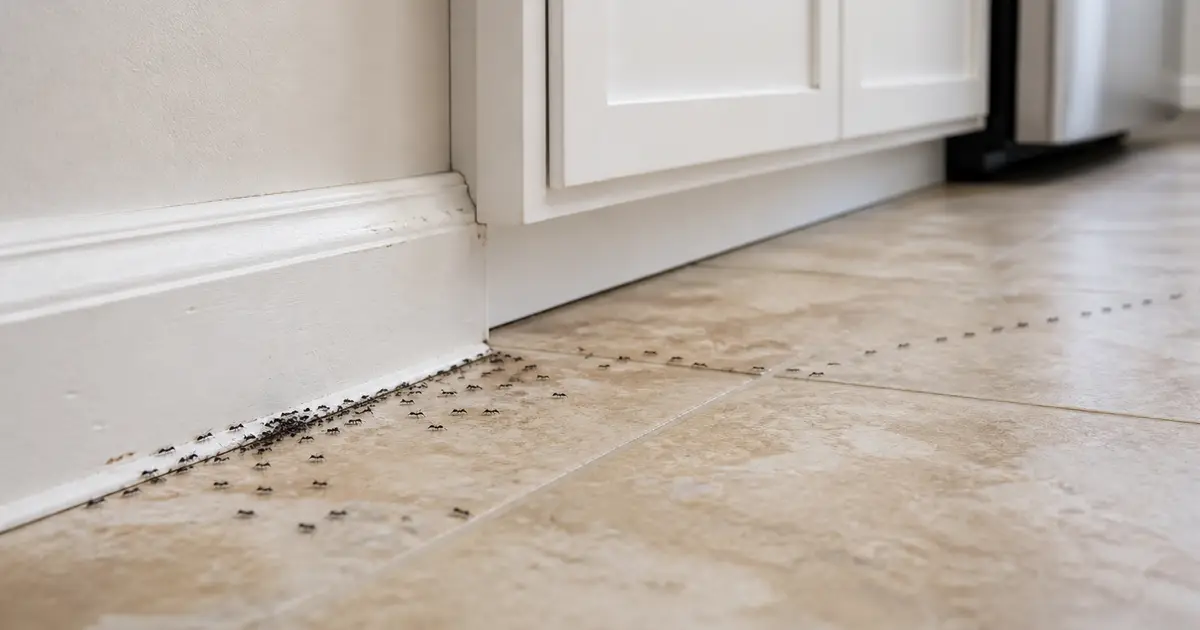 File de fourmis le long d'une plinthe de cuisine