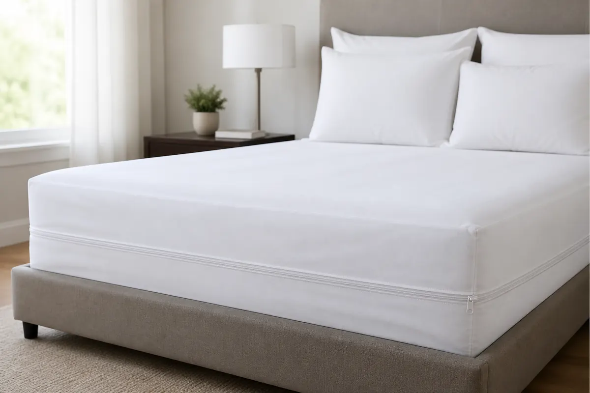 Housse anti-punaises de lit zippée installée sur un matelas dans une chambre