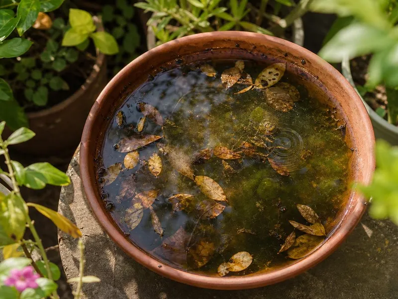 Gîte larvaire de moustique tigre dans une soucoupe de pot remplie d'eau stagnante