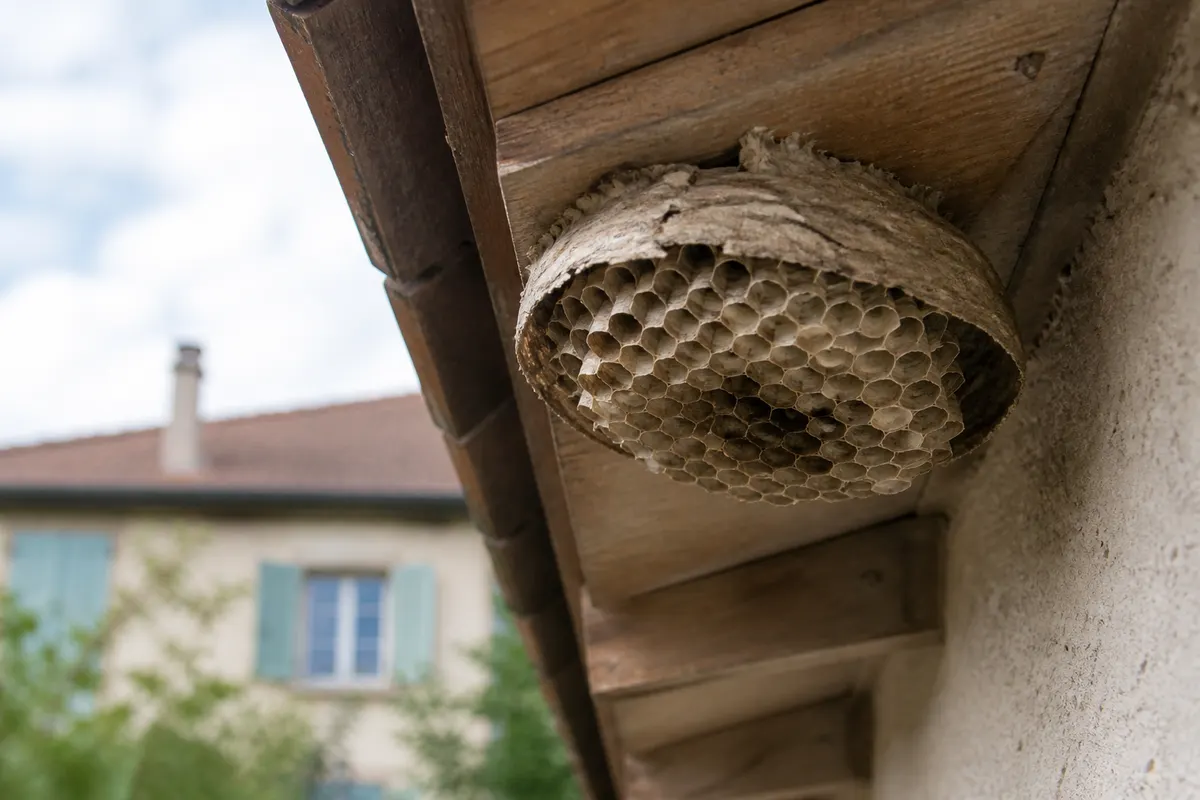 Nid de guêpes en papier mâché sous un avant-toit en bois, alvéoles visibles
