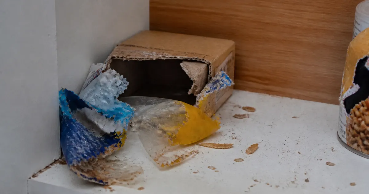 Emballages alimentaires et carton rongés dans un placard de cuisine