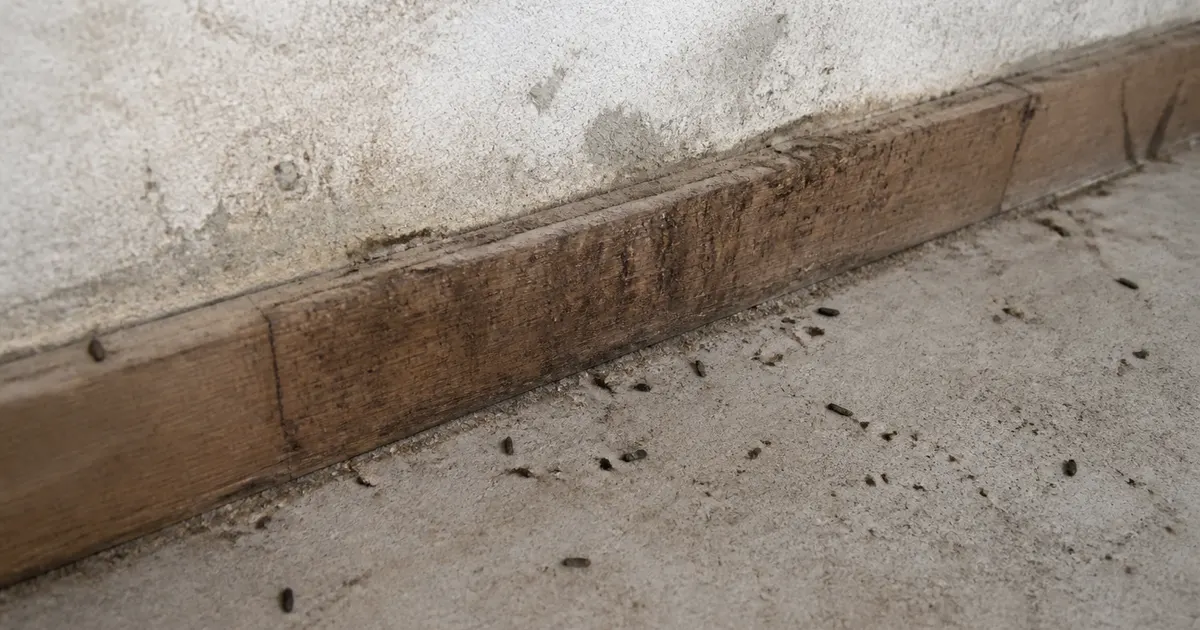 Crottes de rongeurs et traces le long d’une plinthe poussiéreuse en sous-sol
